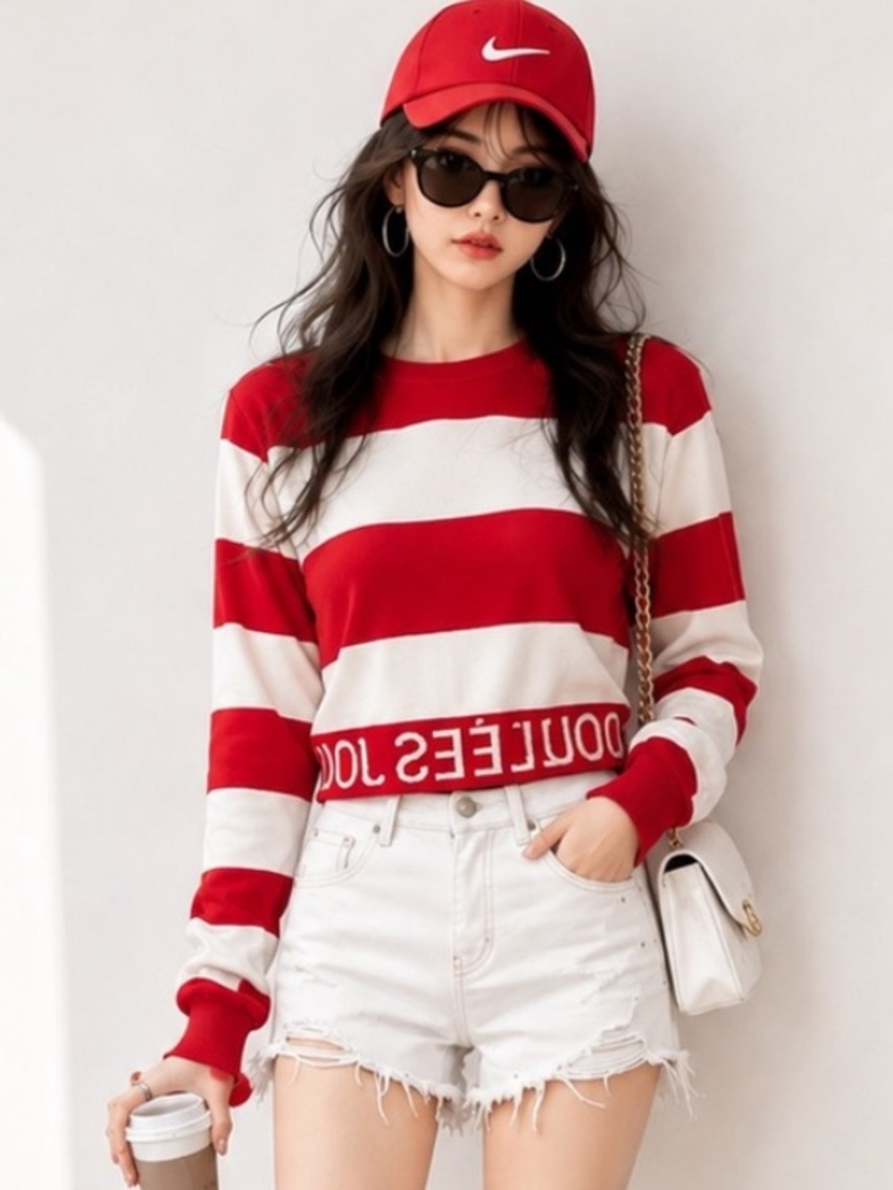 Women’s Red & White Striped Lightweight Knit Sweater – Crew Neck